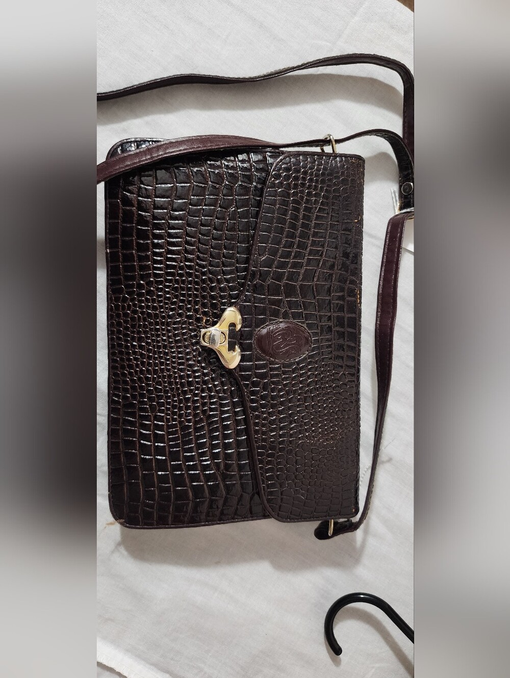 Dark Brown Croc-Embossed Leather Messenger Bag